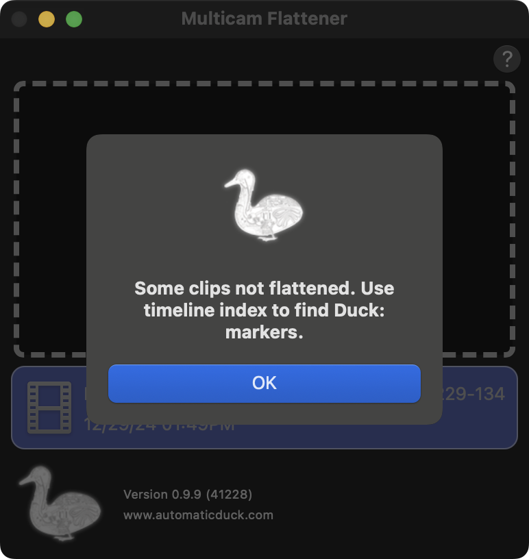 Alert that some clips could not be flattened