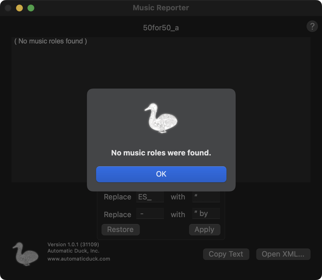 Notification that no music clips were found